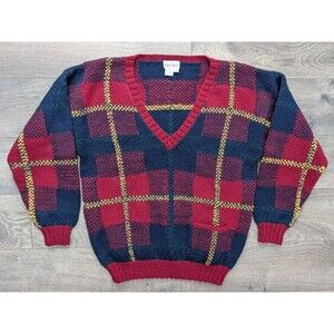 Neiman Marcus Women’s Hand Knit 100% Wool Sweater Plaid Check V-Neck Size M Vtg.